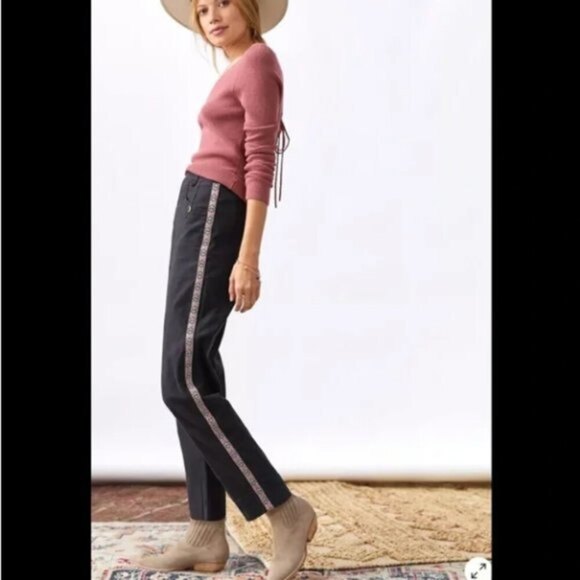 Black Anthropologie Side Stripe Slim Tapered Pants (NWT) - Picture 1 of 5